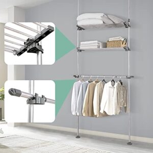 BAOYOUNI Standing Garment Rack Clothes Hanger Storage Organizer Adjustable Heavy Duty Laundry Shelf Double Tension Pole with 2 Large Shelves and 1 Telescopic Haning Rod - Grey