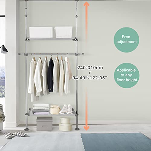 BAOYOUNI Standing Garment Rack Clothes Hanger Storage Organizer Adjustable Heavy Duty Laundry Shelf Double Tension Pole with 2 Large Shelves and 1 Telescopic Haning Rod - Grey