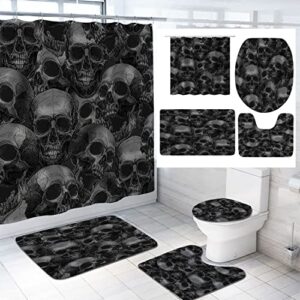 kkh black skulls shower curtain set bathroom, black andwhite halloween scary skull bath curtains bathroom set 4pcs/set game bathroom decor, 72x72 inch