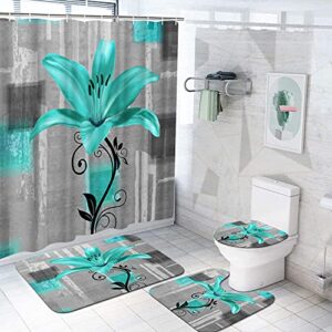 duobaorom 4 pieces set teal lily flower shower curtain set geometric floral green and grey art on non-slip rugs toilet lid cover bath mat and bathroom curtain with 12 hooks 72x72inch