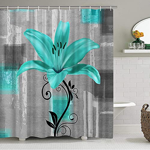 DuoBaorom 4 Pieces Set Teal Lily Flower Shower Curtain Set Geometric Floral Green and Grey Art on Non-Slip Rugs Toilet Lid Cover Bath Mat and Bathroom Curtain with 12 Hooks 72x72inch