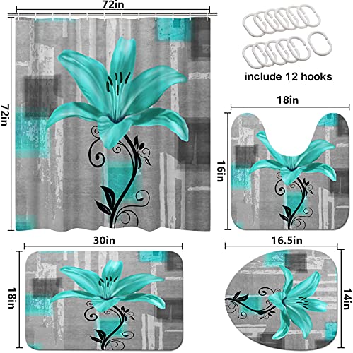 DuoBaorom 4 Pieces Set Teal Lily Flower Shower Curtain Set Geometric Floral Green and Grey Art on Non-Slip Rugs Toilet Lid Cover Bath Mat and Bathroom Curtain with 12 Hooks 72x72inch