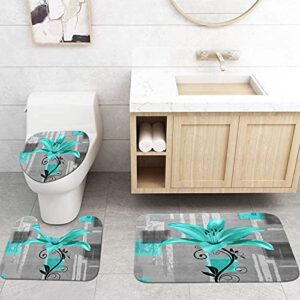 DuoBaorom 4 Pieces Set Teal Lily Flower Shower Curtain Set Geometric Floral Green and Grey Art on Non-Slip Rugs Toilet Lid Cover Bath Mat and Bathroom Curtain with 12 Hooks 72x72inch