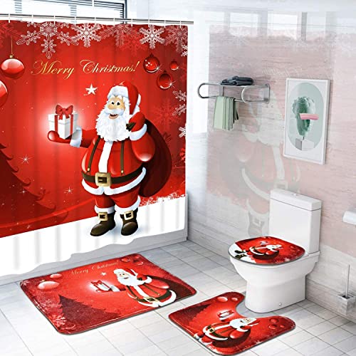 Alishomtll 4 Pcs Merry Christmas Shower Curtain Sets with Non-Slip Rugs, Toilet Lid Cover, Bath Mat Set and 12 Hooks, Santa Xmas Tree Ball Snowflake Waterproof Shower Curtains for Bathroom Decoration