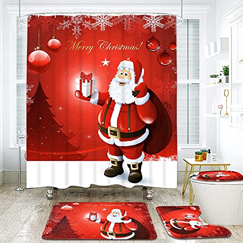 Alishomtll 4 Pcs Merry Christmas Shower Curtain Sets with Non-Slip Rugs, Toilet Lid Cover, Bath Mat Set and 12 Hooks, Santa Xmas Tree Ball Snowflake Waterproof Shower Curtains for Bathroom Decoration