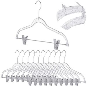 hoolerry 10 pcs clear hangers with clips acrylic glitter hangers 17 x 8 inches plastic skirt pants hangers with non slip notches adjustable clips coat hanger for clothes skirt trousers jeans (silver)