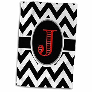 3D Rose Black and White Chevron Monogram Red Initial J Hand Towel, 15" x 22", Multicolor