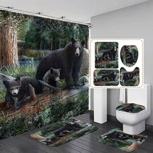 funny black bear shower curtain set,bathroom sets with shower curtain and rugs,bathroom decor shower curtain sets- 70.86" x 70.86" shower curtain,12 hooks,non-slip bath mat,contour mat