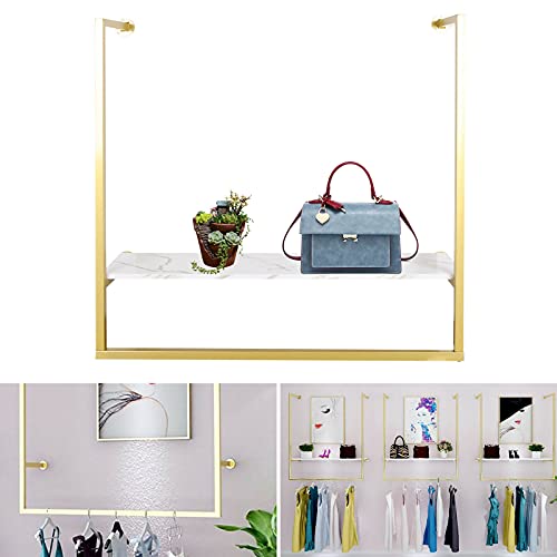 Gold Metal Wall Mounted Clothes Rail Shelf Clothing Store Simple Display Rack Window Ceiling Hanging Garment Racks Ceiling Mount Clothes Storage Hanger for Home Retail Store Use (Gold-U-Shaped+board)
