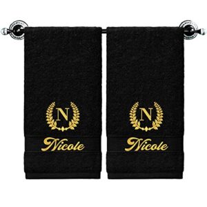 custom towel set of 2, monogrammed hand towels , personalized hand towels with names, 100% cotton luxury embroidered hand towels for personalized gift wedding bathroom spa (black with pattern)