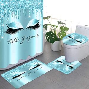 Bellcon 4Pcs Turquoise Hello Gorgeous Bathroom Sets with Rugs and Accessories for Women Lake Blue Bling Eyelash Shower Curtains Sets with Rugs Soft Bath Mat and Toilet Seat Cover