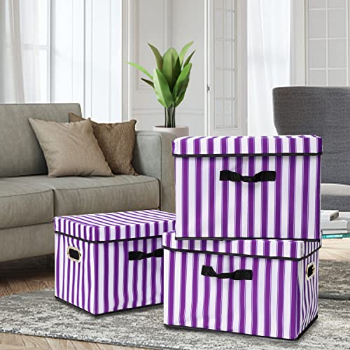 Maverius Storage Boxes with Lids - Large Foldable Fabric Storage Bins, Decorative Storage Boxes for Toy Organizer and Storage Home Living Room Bedroom Closet 17.0x11.8x11.8" 3 Pack (Purple)