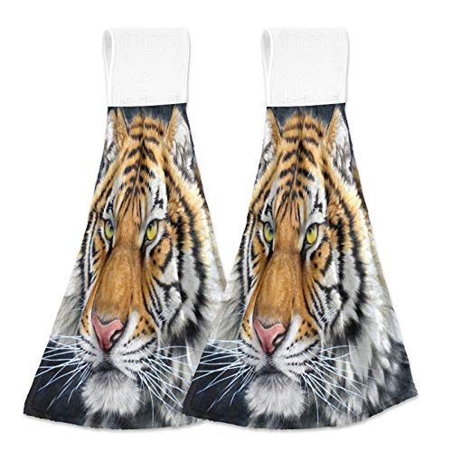 STAYTOP Cool Tiger Art Painting Hand Towels Set of 2, Soft and Fast Absorbent Hanging Towels or Magic Stickers with Hanging Loops for Kitchen, Bathroom 12x17In