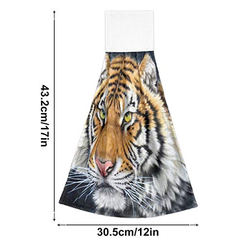 STAYTOP Cool Tiger Art Painting Hand Towels Set of 2, Soft and Fast Absorbent Hanging Towels or Magic Stickers with Hanging Loops for Kitchen, Bathroom 12x17In