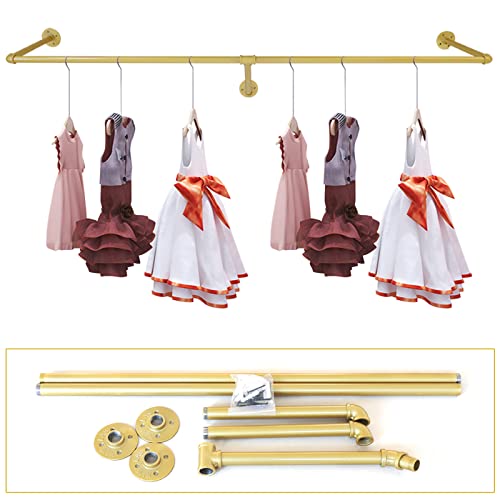 Industrial Pipe Wall Mounted Clothing Rack, Commercial or Residential Wardrobe Clothes Display Rod Retail Wedding Dress Display Rack Closet Storage Clothes Organizer (Gold)