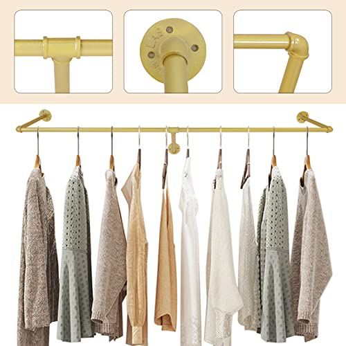 Industrial Pipe Wall Mounted Clothing Rack, Commercial or Residential Wardrobe Clothes Display Rod Retail Wedding Dress Display Rack Closet Storage Clothes Organizer (Gold)