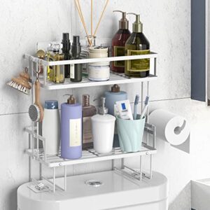 FLOLXNB Over The Toilet Storage Shelf, 2-Tier Bathroom Storage Organizer Upgrade Punch-Free Toliet Storage Shelf, Home Storage Rack with Hooks Shelf,White