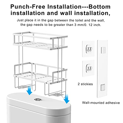 FLOLXNB Over The Toilet Storage Shelf, 2-Tier Bathroom Storage Organizer Upgrade Punch-Free Toliet Storage Shelf, Home Storage Rack with Hooks Shelf,White