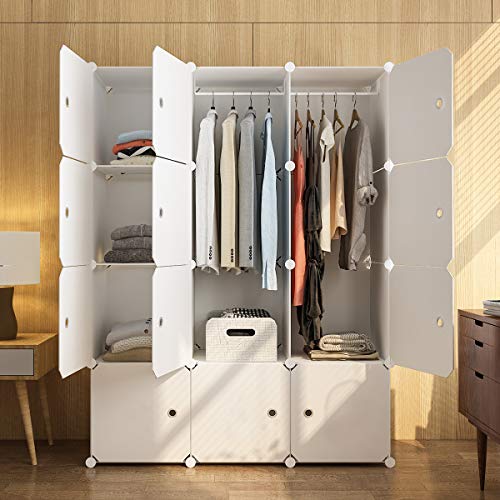 KOUSI Portable Wardrobe Closets 14"x18" Depth Cube Storage, Bedroom Armoire, Storage Organizer with Doors, 12 Cube, White