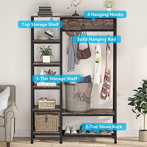 Tribesigns Entryway Hall Tree with 5-Tier Storage Shelves and 4 Hooks, Freestanding Closet Organizer Coat Garment Rack for Hallway Bedroom