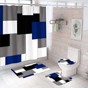 4 pcs geometric blue shower curtain sets with non-slip rugs,toilet lid cover and bath mat, black and gray bathroom decor set accessories with polyester fabric durable shower curtains