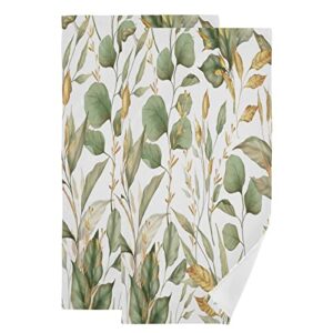 kigai green gold leaves hand towels set of 2, highly absorbent soft towel decorative hand towel for kitchen and bathroom 14x28 inch