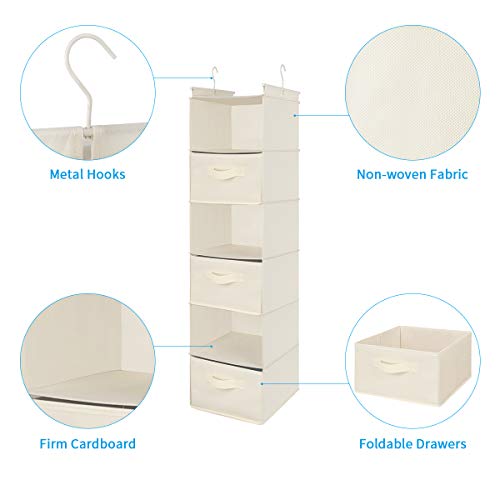 MAX Houser 6 Tier Shelf Hanging Closet Organizer, Closet Hanging Shelf with 2 Sturdy Hooks for Storage, Foldable,Beige and Beige-D3