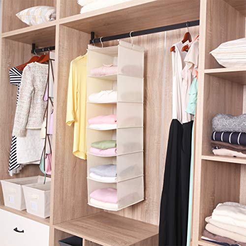 MAX Houser 6 Tier Shelf Hanging Closet Organizer, Closet Hanging Shelf with 2 Sturdy Hooks for Storage, Foldable,Beige and Beige-D3