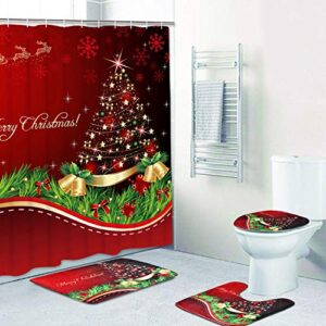 uspring 4 pcs merry christmas shower curtain sets with non-slip rugs, bath mat, toilet lid cover and 12 hooks, xmas tree ball snowflake red shower curtain for christmas decoration