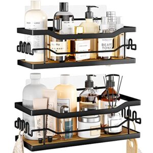 swtymiki natural bamboo shower caddy organizer, 2 pack shower shelf with 12 hooks,rustproof & waterproof shower rack,stainless steel no drilling bathroom shower organizer for bathroom,kitchen - black