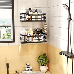 SWTYMIKI Natural Bamboo Shower Caddy Organizer, 2 Pack Shower Shelf with 12 Hooks,Rustproof & Waterproof Shower Rack,Stainless Steel No Drilling Bathroom Shower Organizer for Bathroom,Kitchen - Black