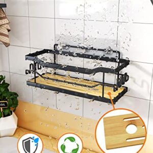 SWTYMIKI Natural Bamboo Shower Caddy Organizer, 2 Pack Shower Shelf with 12 Hooks,Rustproof & Waterproof Shower Rack,Stainless Steel No Drilling Bathroom Shower Organizer for Bathroom,Kitchen - Black