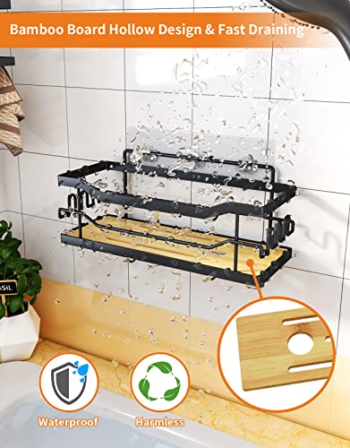 SWTYMIKI Natural Bamboo Shower Caddy Organizer, 2 Pack Shower Shelf with 12 Hooks,Rustproof & Waterproof Shower Rack,Stainless Steel No Drilling Bathroom Shower Organizer for Bathroom,Kitchen - Black