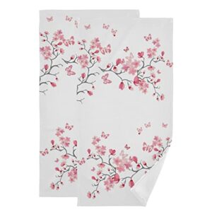 cherry blossom hand towel set of 2 absorbent pink butterfly floral bath towels soft cherry blossoms flower fingertip face towel for bathroom kitchen hotel spa decor gift 28.3x14.4 inch