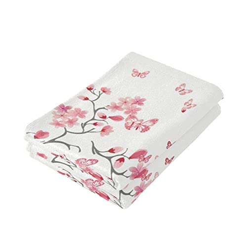 Cherry Blossom Hand Towel Set of 2 Absorbent Pink Butterfly Floral Bath Towels Soft Cherry Blossoms Flower Fingertip Face Towel for Bathroom Kitchen Hotel Spa Decor Gift 28.3x14.4 Inch