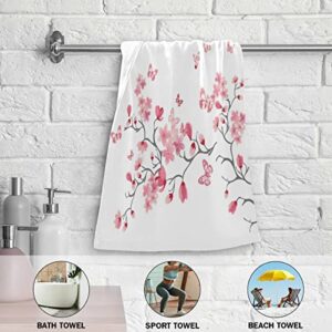 Cherry Blossom Hand Towel Set of 2 Absorbent Pink Butterfly Floral Bath Towels Soft Cherry Blossoms Flower Fingertip Face Towel for Bathroom Kitchen Hotel Spa Decor Gift 28.3x14.4 Inch