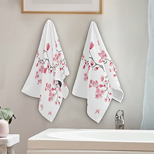 Cherry Blossom Hand Towel Set of 2 Absorbent Pink Butterfly Floral Bath Towels Soft Cherry Blossoms Flower Fingertip Face Towel for Bathroom Kitchen Hotel Spa Decor Gift 28.3x14.4 Inch