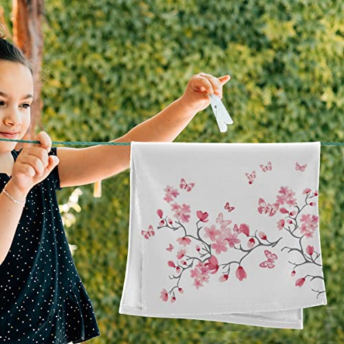 Cherry Blossom Hand Towel Set of 2 Absorbent Pink Butterfly Floral Bath Towels Soft Cherry Blossoms Flower Fingertip Face Towel for Bathroom Kitchen Hotel Spa Decor Gift 28.3x14.4 Inch