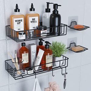 shower caddy organizer shelf 2 pack with 2 soap holders, adhesive wall mount shower basket shelves with hooks, no drilling, rustproof 304 stainless steel storage rack for bathroom kitchen, black