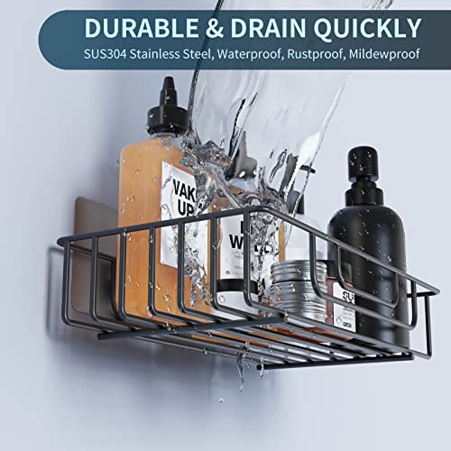 Shower Caddy Organizer Shelf 2 Pack with 2 Soap Holders, Adhesive Wall Mount Shower Basket Shelves with Hooks, No Drilling, Rustproof 304 Stainless Steel Storage Rack for Bathroom Kitchen, Black