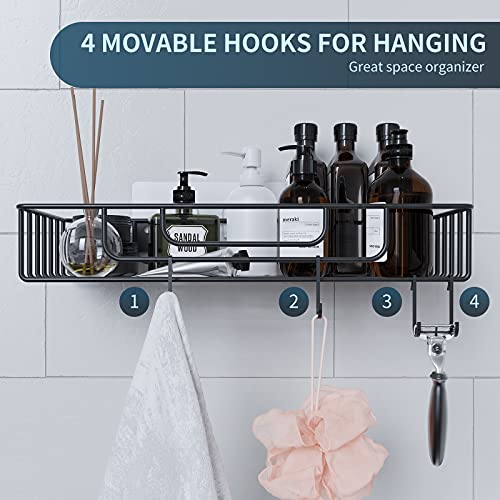 Shower Caddy Organizer Shelf 2 Pack with 2 Soap Holders, Adhesive Wall Mount Shower Basket Shelves with Hooks, No Drilling, Rustproof 304 Stainless Steel Storage Rack for Bathroom Kitchen, Black