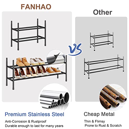 FANHAO 2-Tier Expandable Shoe Rack, Stackable and Adjustable Shoes Organizer Storage Shelf for Closet Entryway, 100% Stainless Steel Sturdy Shoe Shelf, Matte Black