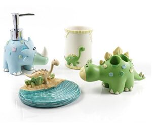 ruoxian cartoon dinosaur bath accessory set, soap dispenser pump, toothbrush holder, tumbler, soap dish (one set)