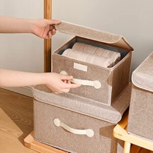 Pack of 2 Foldable Storage Boxes, Linen Imitation Fabric Sturdy Storage Box With Lid and Handle Washable, Storage Quilt, Clothes, Toys, Suitable for Home Bedroom Closet Office (10.4x7.9x6.3/2-Pack, Khaki)