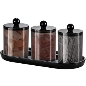 qtip holder bathroom set with tray(4pcs) - 3 pack acrylic plastic apothecary jars qtip dispenser canister with lid and labels, 1 pack bathroom vanity tray, for cotton ball, cotton swab (black)