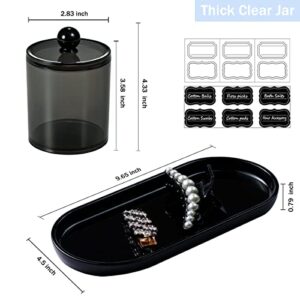 Qtip Holder Bathroom Set with Tray(4PCS) - 3 Pack Acrylic Plastic Apothecary Jars Qtip Dispenser Canister with Lid and Labels, 1 Pack Bathroom Vanity Tray, for Cotton Ball, Cotton Swab (Black)