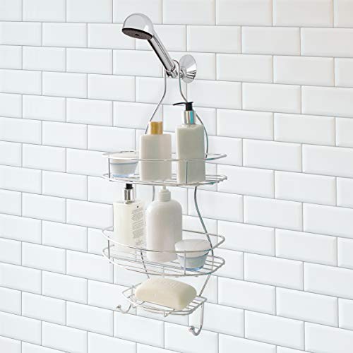 Splash Home Malka Shower Caddy Bathroom Hanging Head Two Basket Organizers Plus Dish for Storage Shelves for Shampoo, Conditioner and Soap - Chrome, 25.5 x 4.5 x 11.5