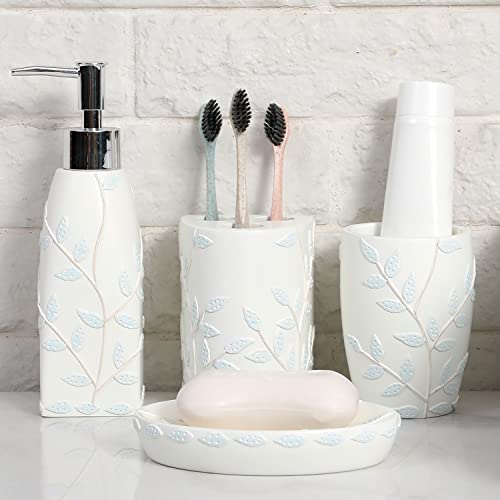 MyGift 4-Piece White Resin Bathroom Accessories Set with Embossed Powder Blue Leaf Design Includes Lotion Pump Dispenser, Tumbler, Toothbrush Holder and Soap Dish