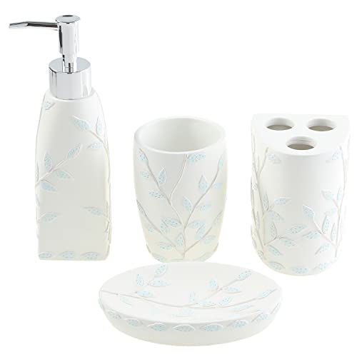 MyGift 4-Piece White Resin Bathroom Accessories Set with Embossed Powder Blue Leaf Design Includes Lotion Pump Dispenser, Tumbler, Toothbrush Holder and Soap Dish