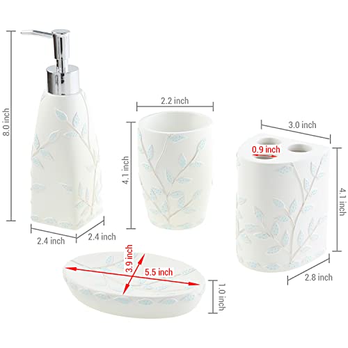 MyGift 4-Piece White Resin Bathroom Accessories Set with Embossed Powder Blue Leaf Design Includes Lotion Pump Dispenser, Tumbler, Toothbrush Holder and Soap Dish